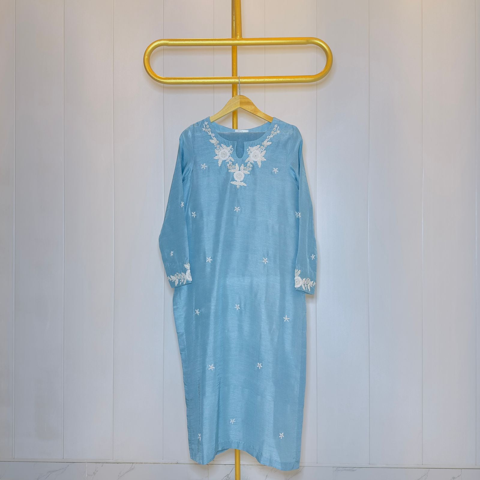 Elegant Sky Blue Embroidered Relaxed fit