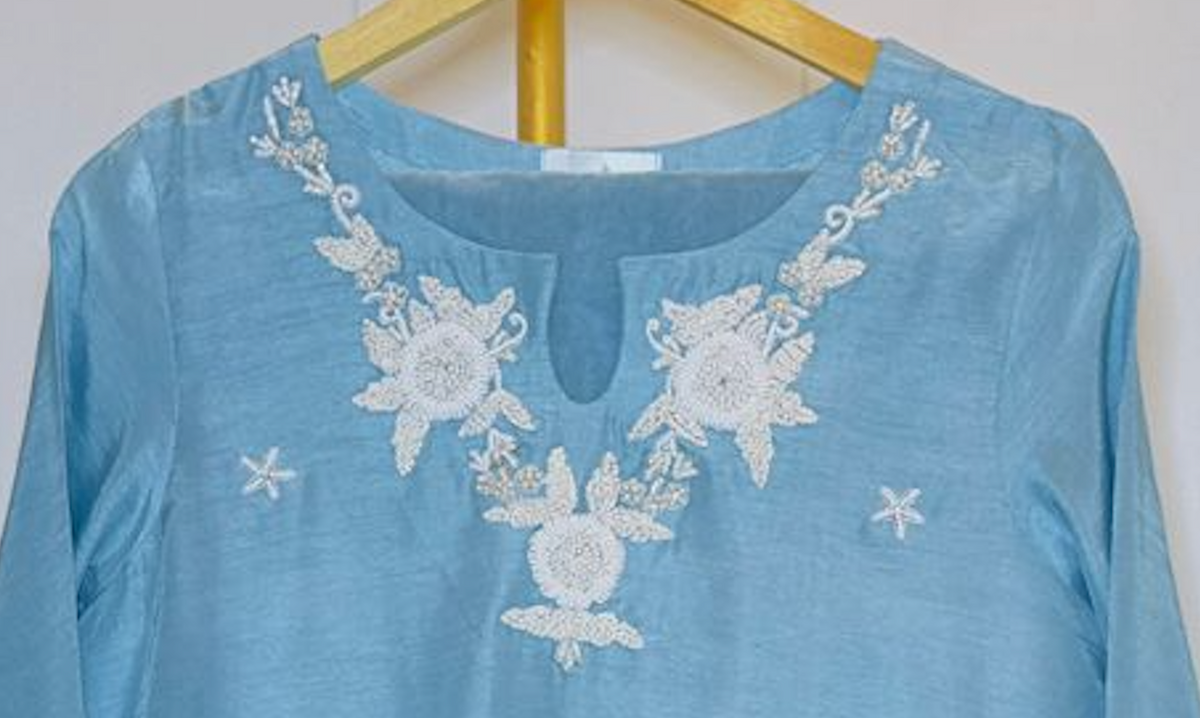 Elegant Sky Blue Embroidered Relaxed fit